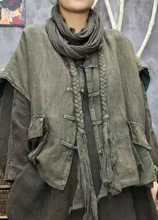 Green Stand Collar Pockets Chinese Button Cotton Vest Fall