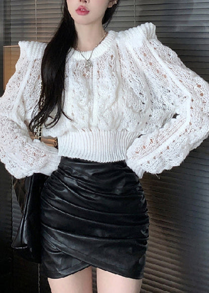 Green Puff Sleeve Hollow Out Knit Short Sweater Spring