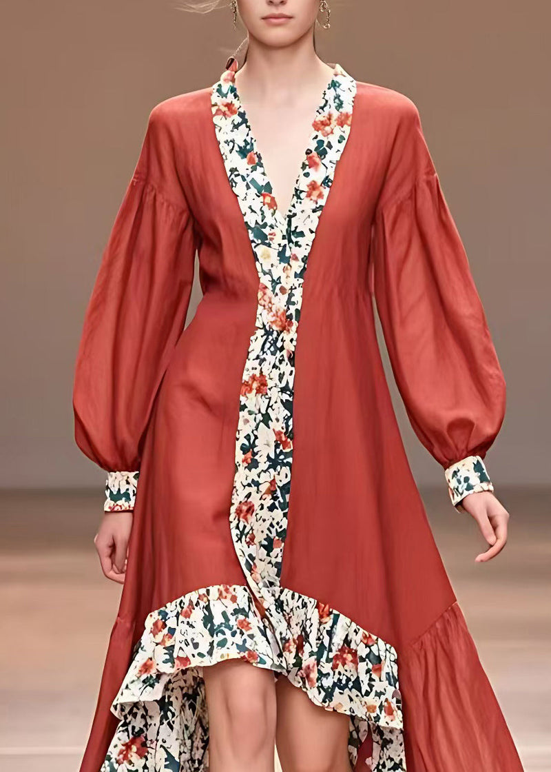 Red Print Asymmetrical Long Dresses Fall