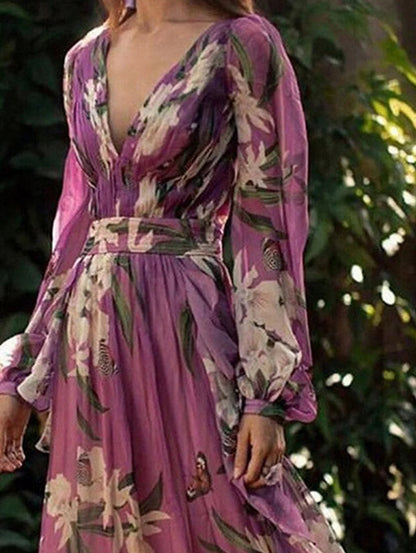 Butterfly Pattern V Neck Maxi Dress