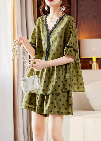 Art Green V Neck Lace Patchwork Shirts and Shorts Silk Two Piece Set Summer