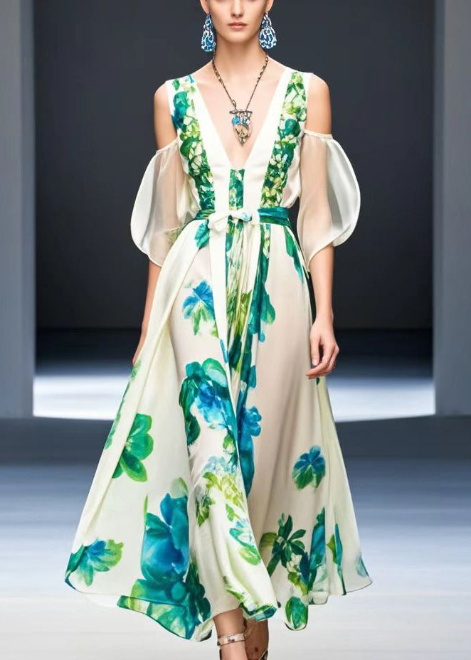 White Cold Shoulder Print Silk Maxi Dresses Summer
