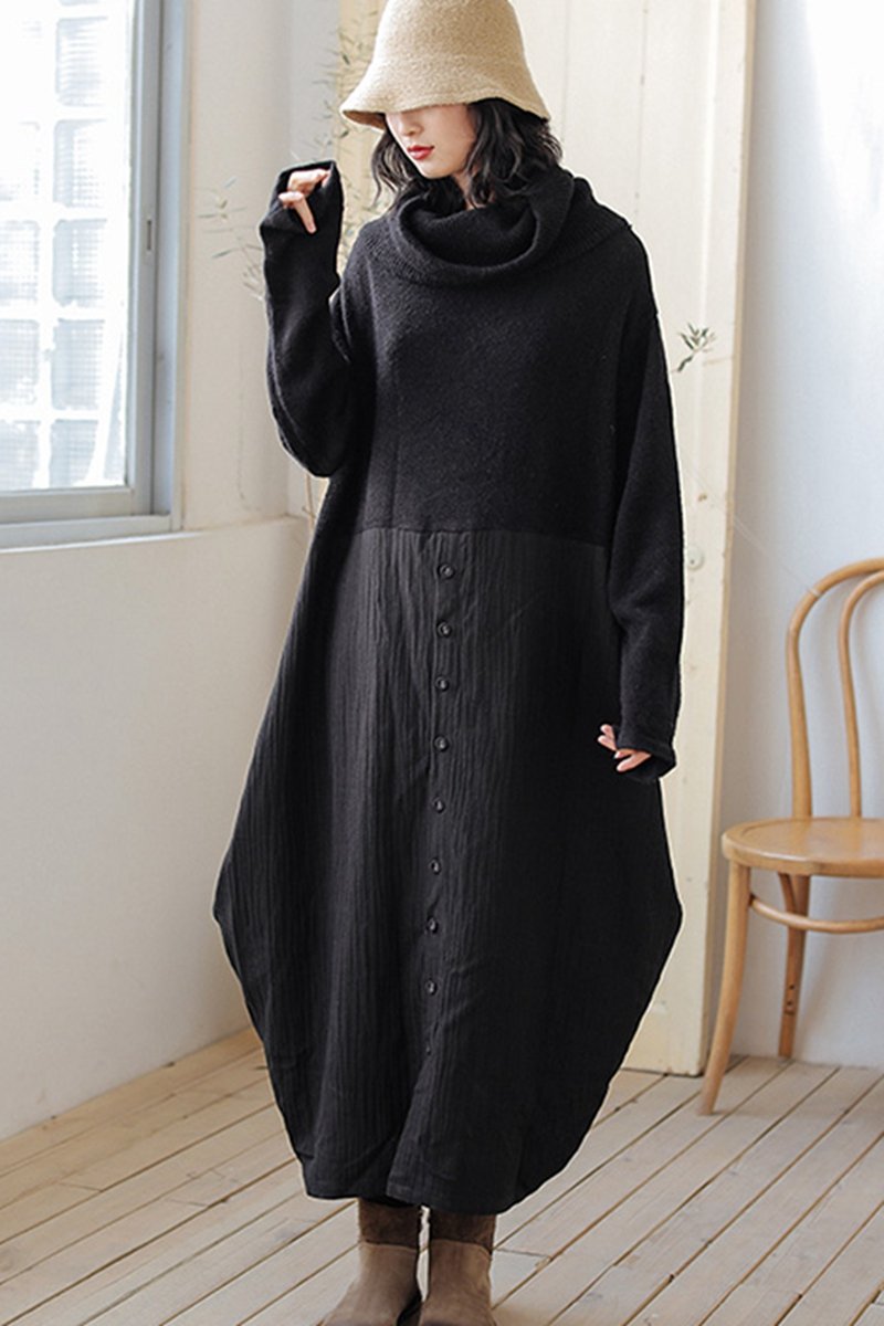 Wool Patchwork Turtleneck Sweater Dress