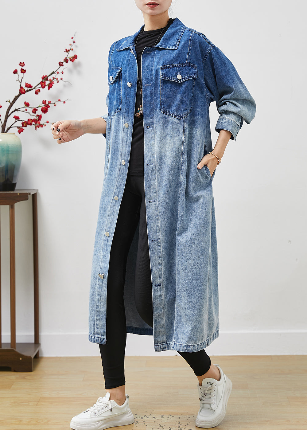 Gradient Color Pockets Denim Trench Coats Fall