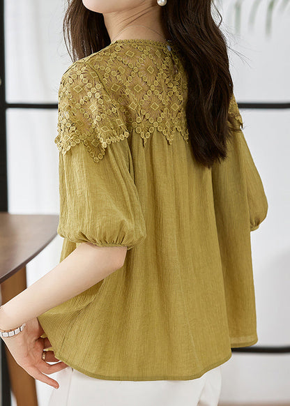 Khaki O Neck Lace Patchwork Cotton Top Lantern Sleeve