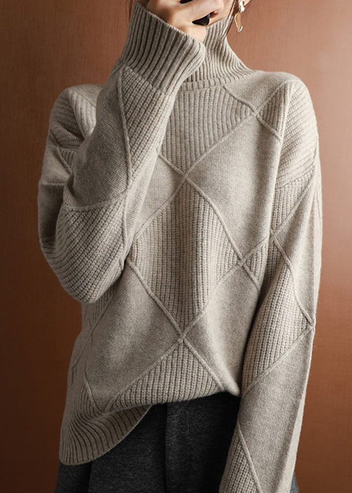 Loose Camel Turtleneck Plaid Woolen Sweater Spring