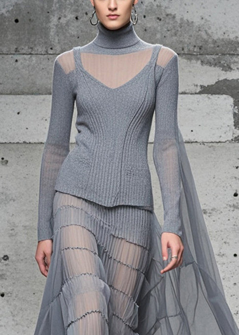 Grey High Neck Patchwork Exra Large Hem Knit Long Dress Fall