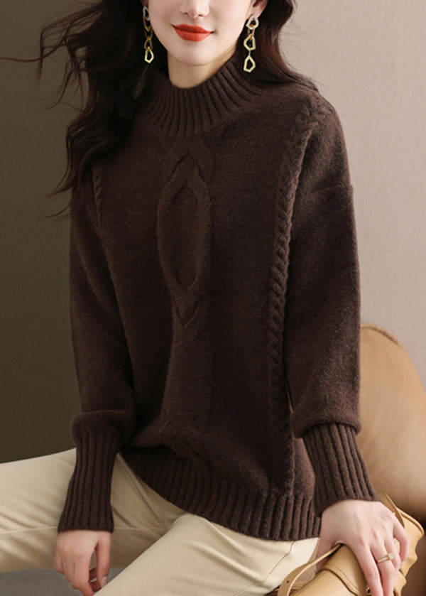 Coffee Half Hign Neck Thick Patchwork Knitted Sweaters Fall