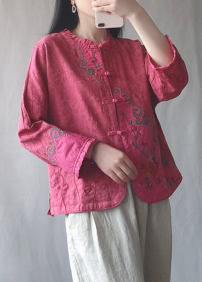 Pink Ruffled Embroideried Chinese Button Cotton Short Coat Spring