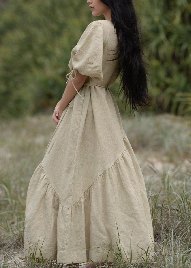 French Pink Lace Up Linen Dresses Lantern Sleeve