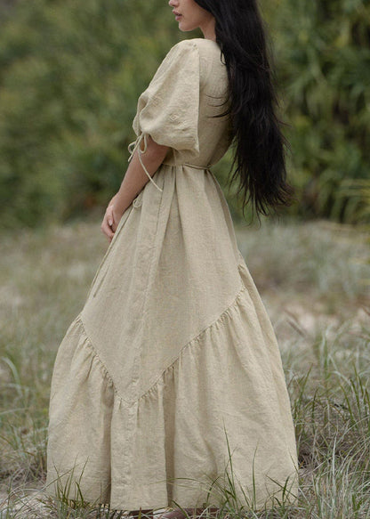 French Pink Lace Up Linen Dresses Lantern Sleeve