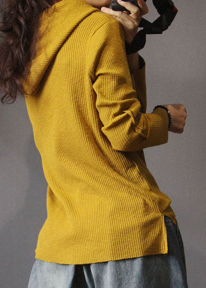 Natural Yellow Hooded Knit Fall Long Sleeve Top