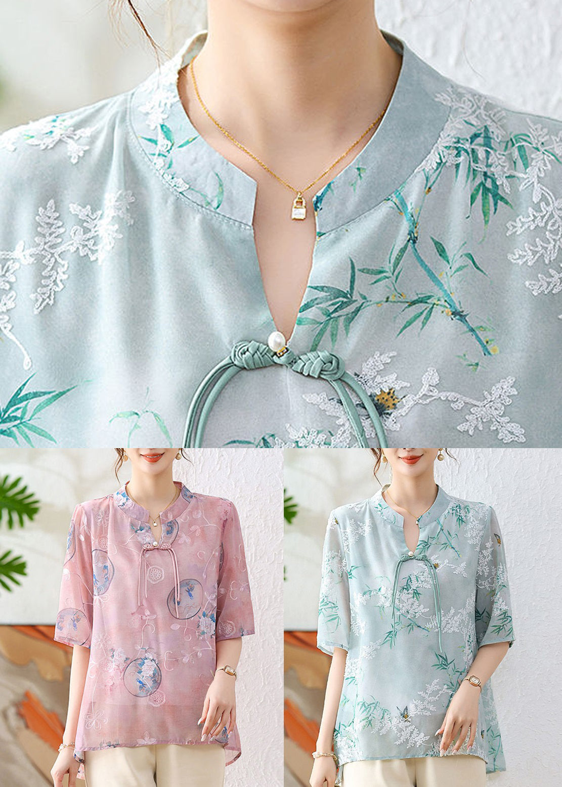 Pink Chinese Button Print Chiffon Shirt Summer