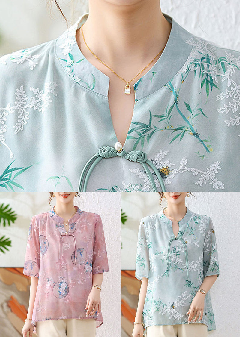 Pink Chinese Button Print Chiffon Shirt Summer