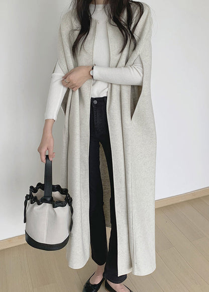 Beige Woolen Long Waistcoat O Neck Winter