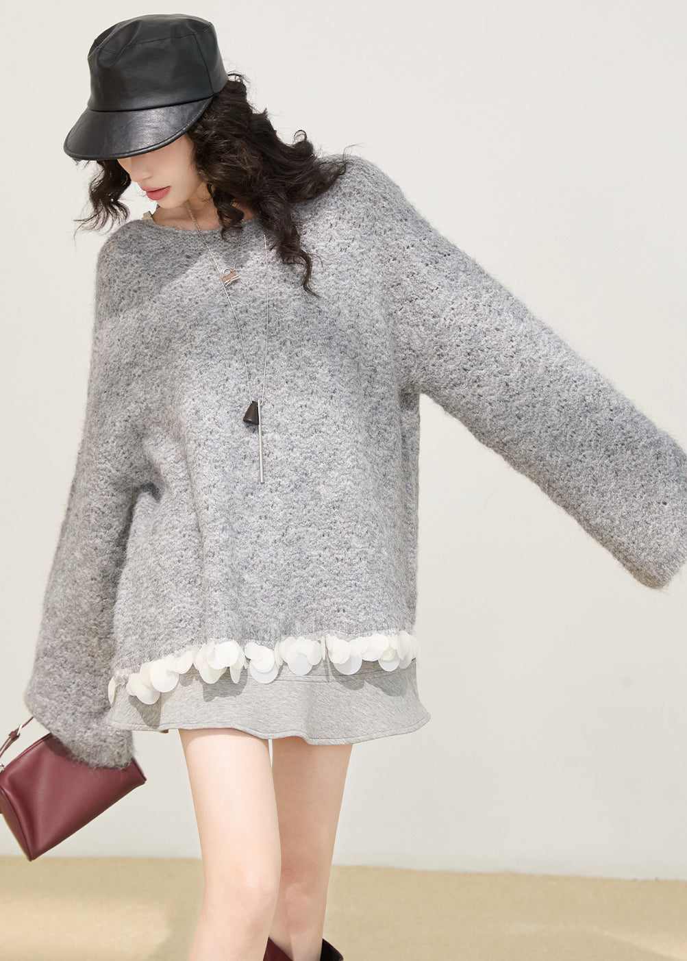 Grey Oversized Patchwork Knit Sweaters Winter