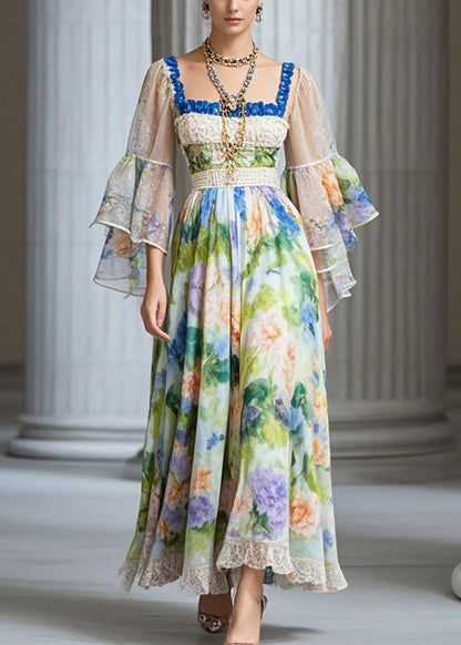 Square Collar Print Chiffon Vacation Dresses Fall