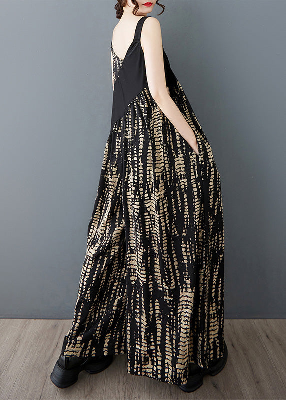 Black Oversized Patchwork Print Cotton Jumpsuit Summer