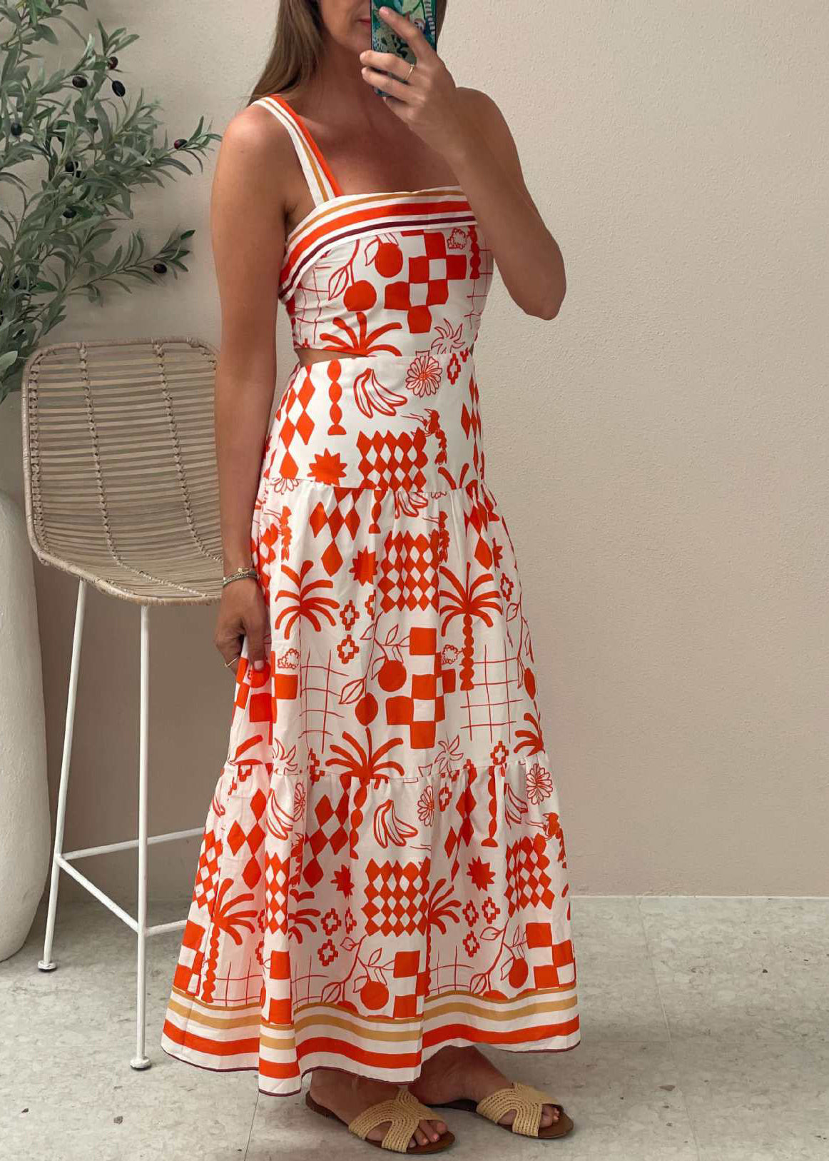 Natural Red Print Patchwork Cotton Spaghetti Strap Dress Summer