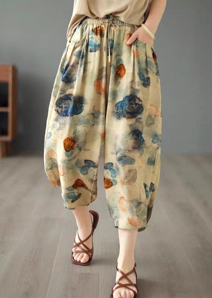 Khaki Elastic Waist Pockets Print Patchwork Cotton Lantern Pants Summer