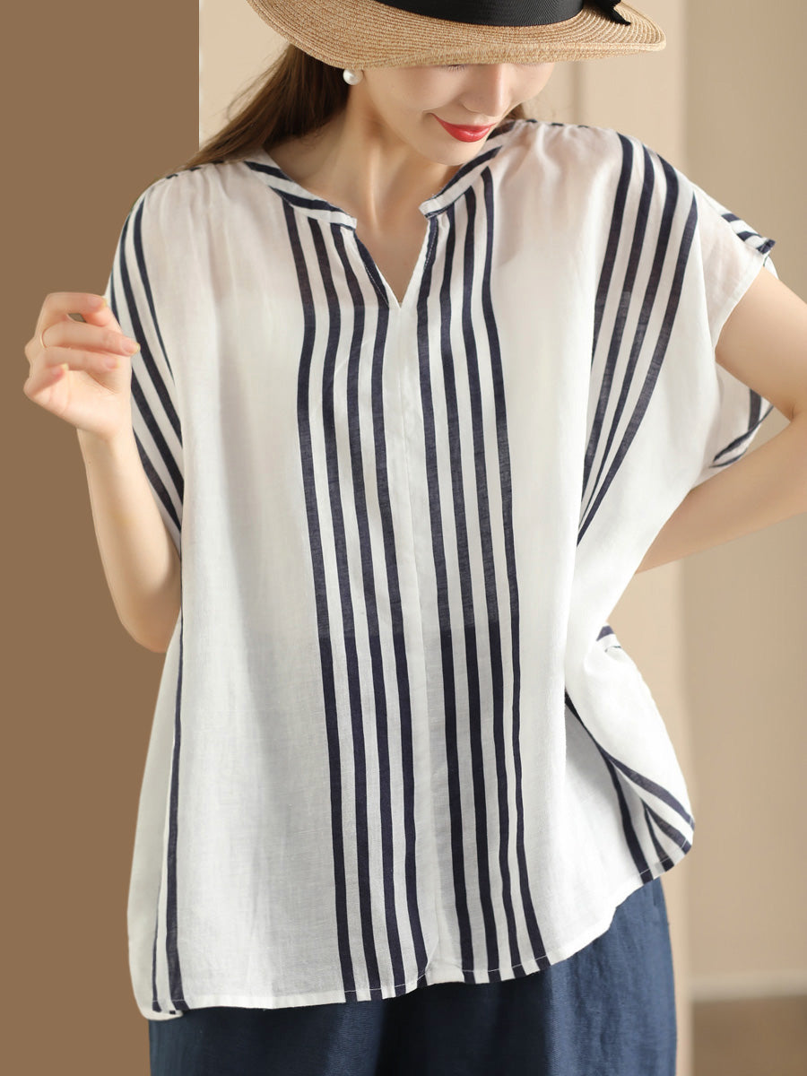 Summer Artsy Stripe V-neck Thin Linen Shirt
