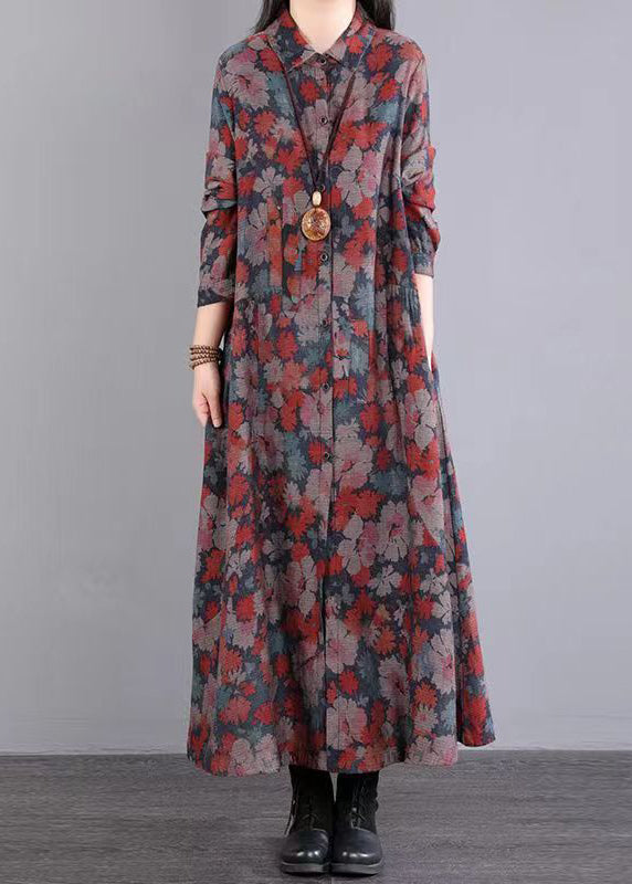 Red Print Peter Pan Collar Pockets Patchwork Cotton Dresses Fall