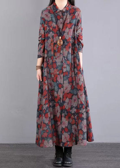 Red Print Peter Pan Collar Pockets Patchwork Cotton Dresses Fall