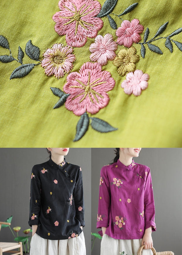 Fitted Yellow Mandarin Collar Embroidered Linen Blouse Top Long Sleeve
