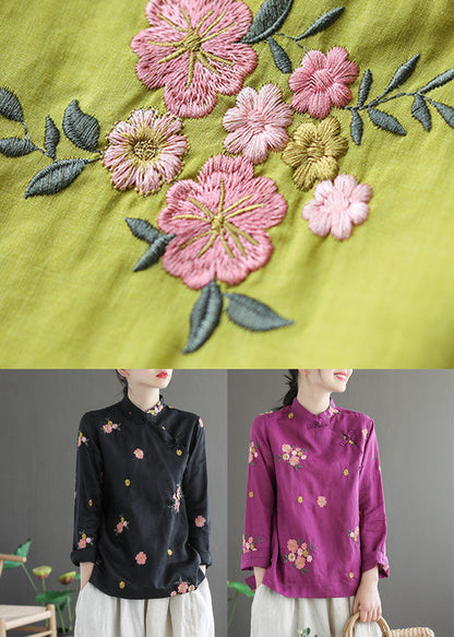 Fitted Yellow Mandarin Collar Embroidered Linen Blouse Top Long Sleeve