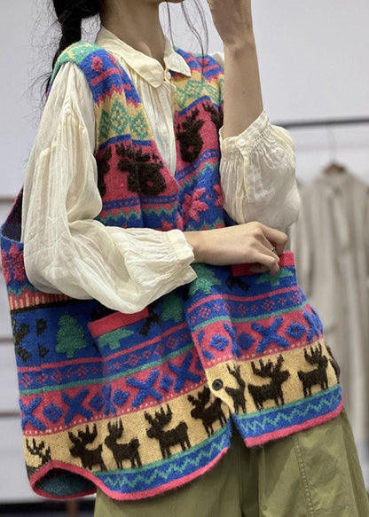 Modern Red V Neck Animal Button Cotton Knit Waistcoat Fall