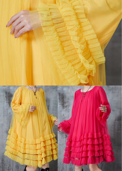 Yellow Oversized Ruffled Tulle Maxi Dresses Fall