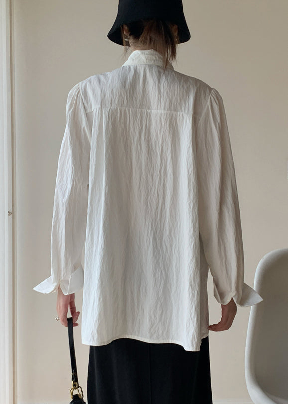 White Bow Button Cotton Blouse Fall