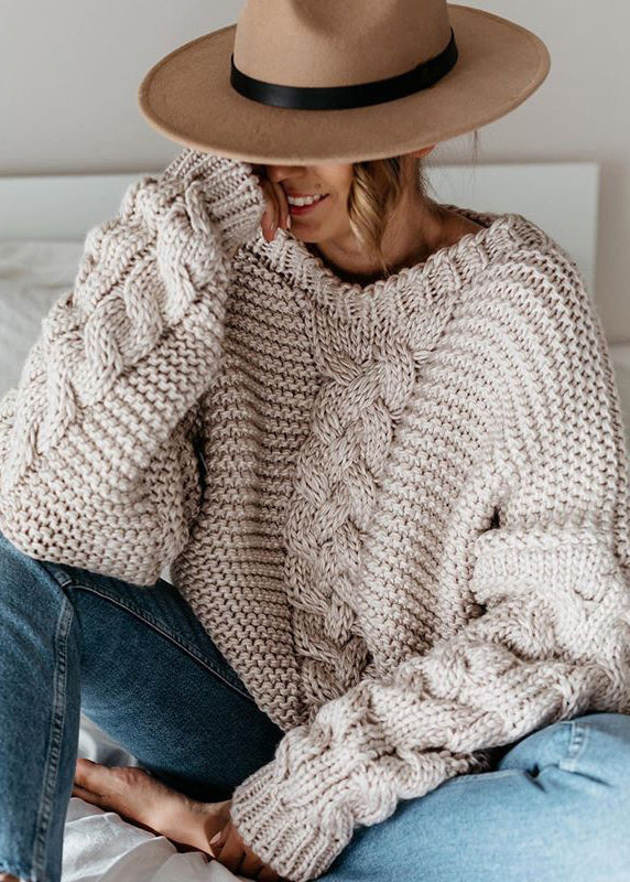 Beige V Neck Thick Cable Knit Sweaters Fall