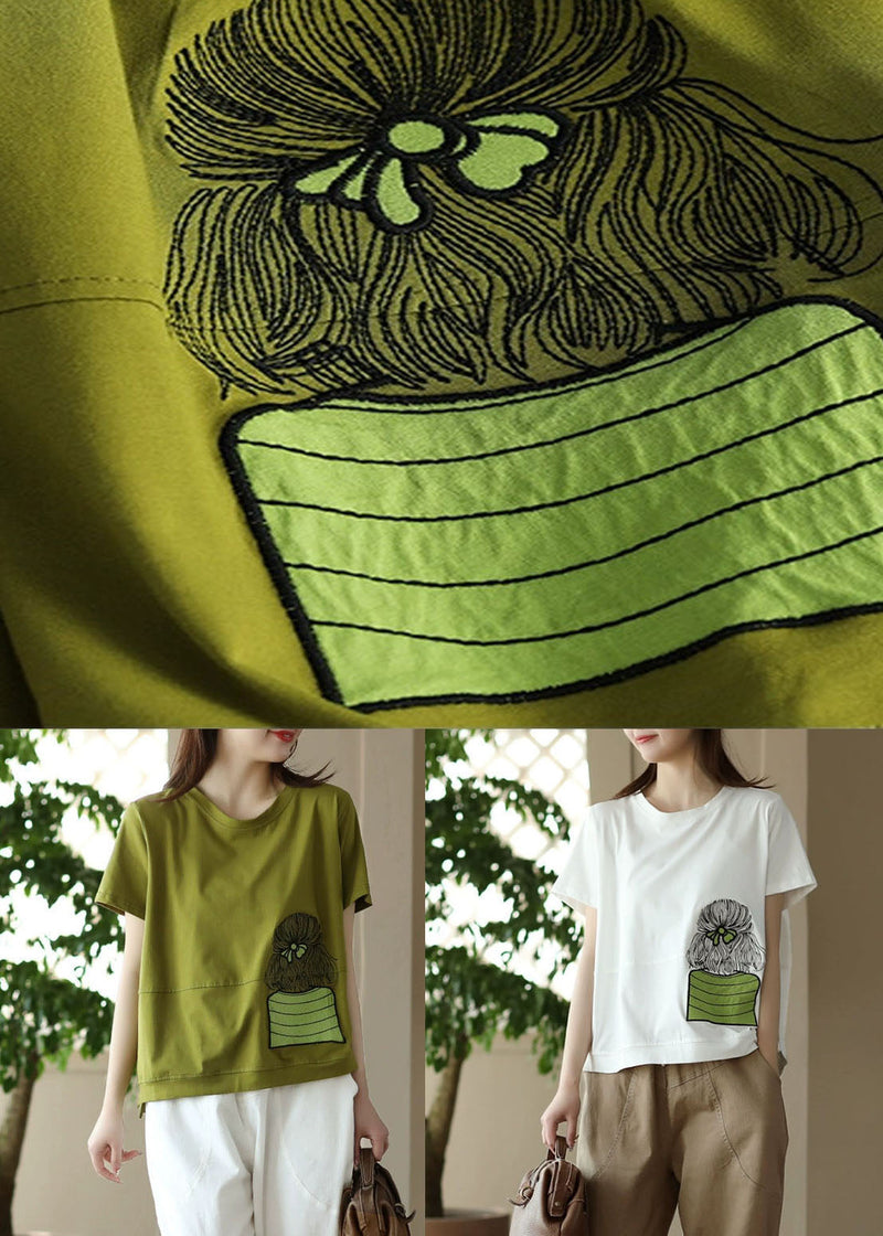 White O-neck Embroidered Patchwork Cotton Top Summer