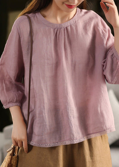 Yellow O Neck Patchwork Linen Blouse Top Summer