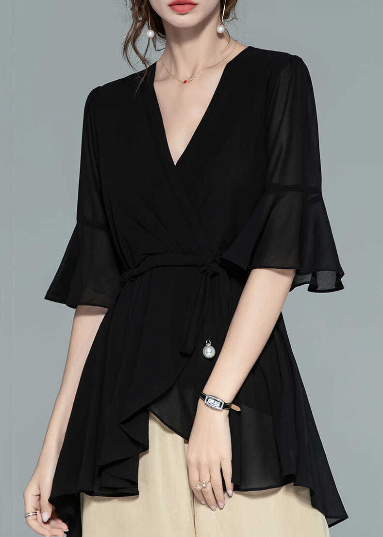 Black Wrinkled Chiffon Shirts V Neck Half Sleeve