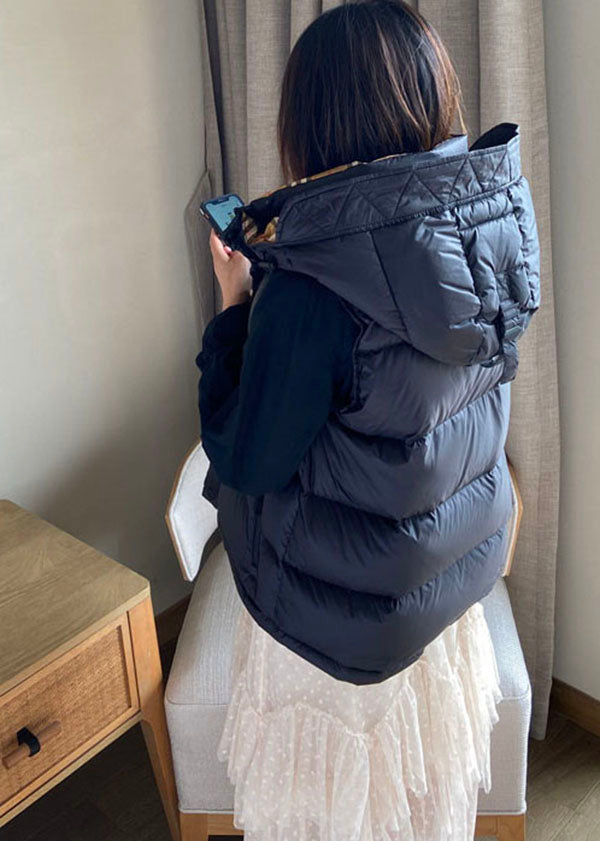 Simple Black Hooded Color Duck Down Puffer Vest Sleeveless
