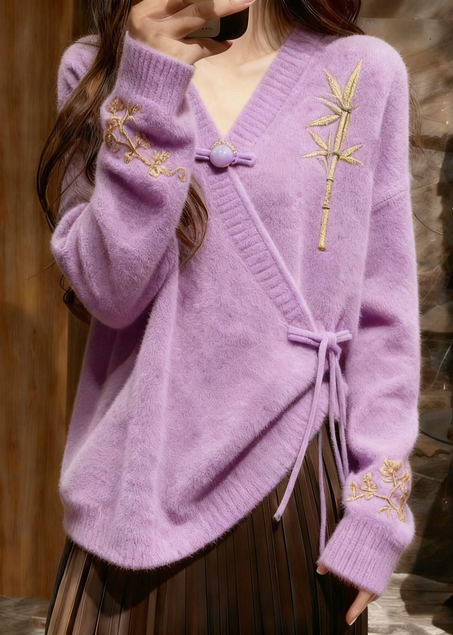 Light Purple V Neck Tie Waist Cotton Knit Sweaters Tops Fall