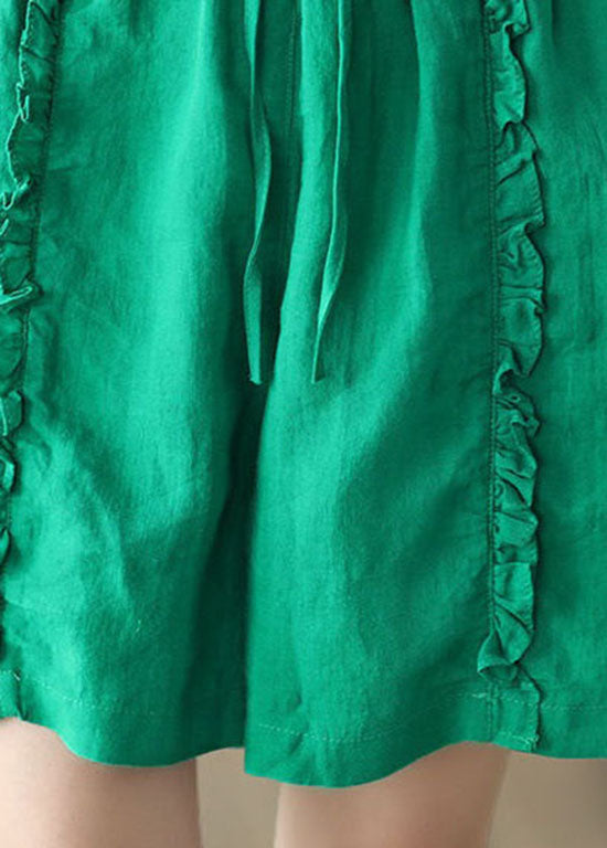 Diy Green Pockets Ruffled Patchwork Linen Hot Pants Summer