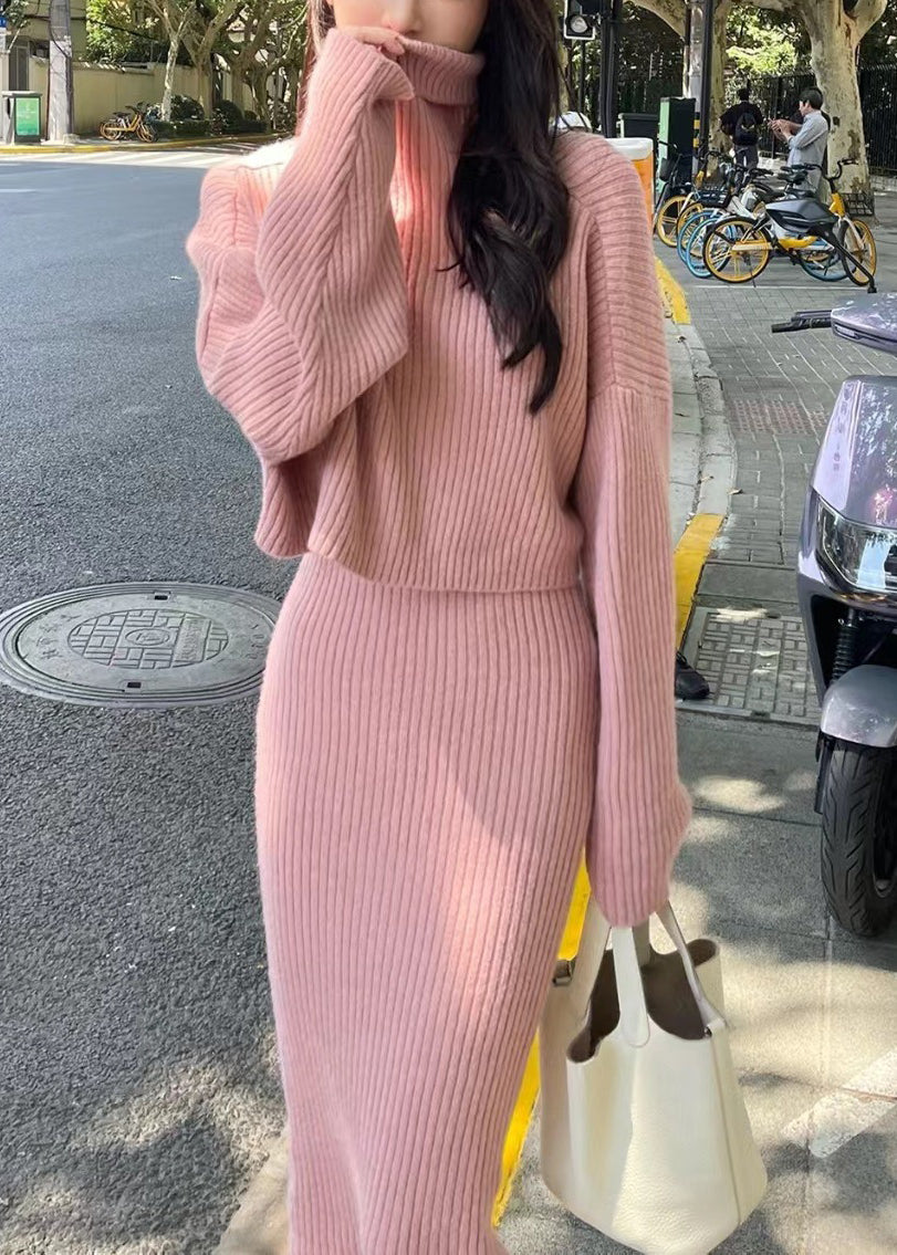Pink Hign Neck Knit Two Pieces Set Winter