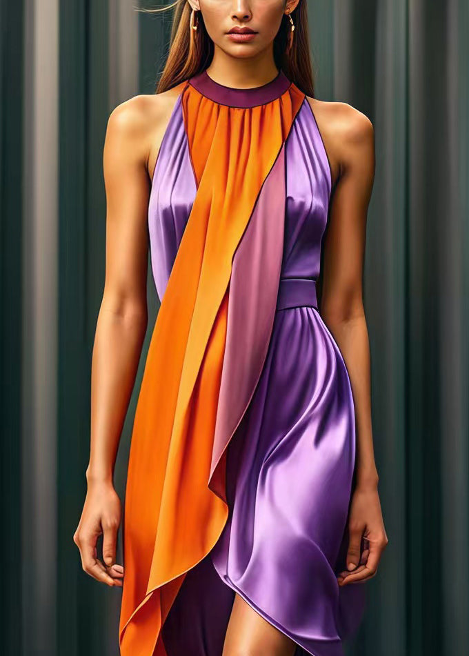 Purple Asymmetrical Patchwork Silk Holiday Dress Summer