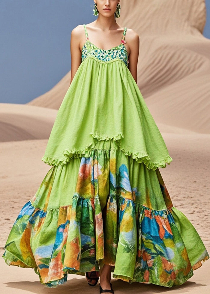 Grass Green Print Exra Large Hem Cotton Spaghetti Strap Dress Summer