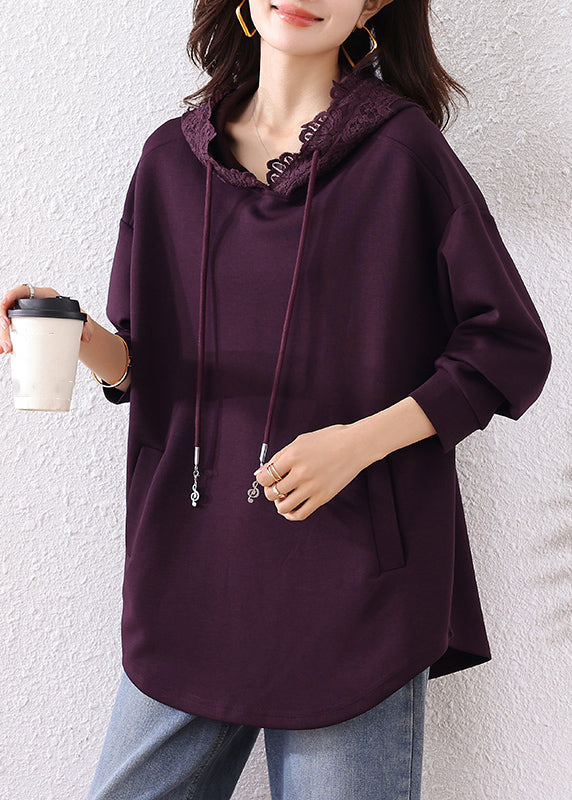 Purple Pockets Cotton Fall Sweatshirts Hooded
