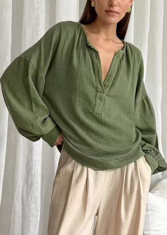 Green Oversized Cotton Fall Shirt V Neck