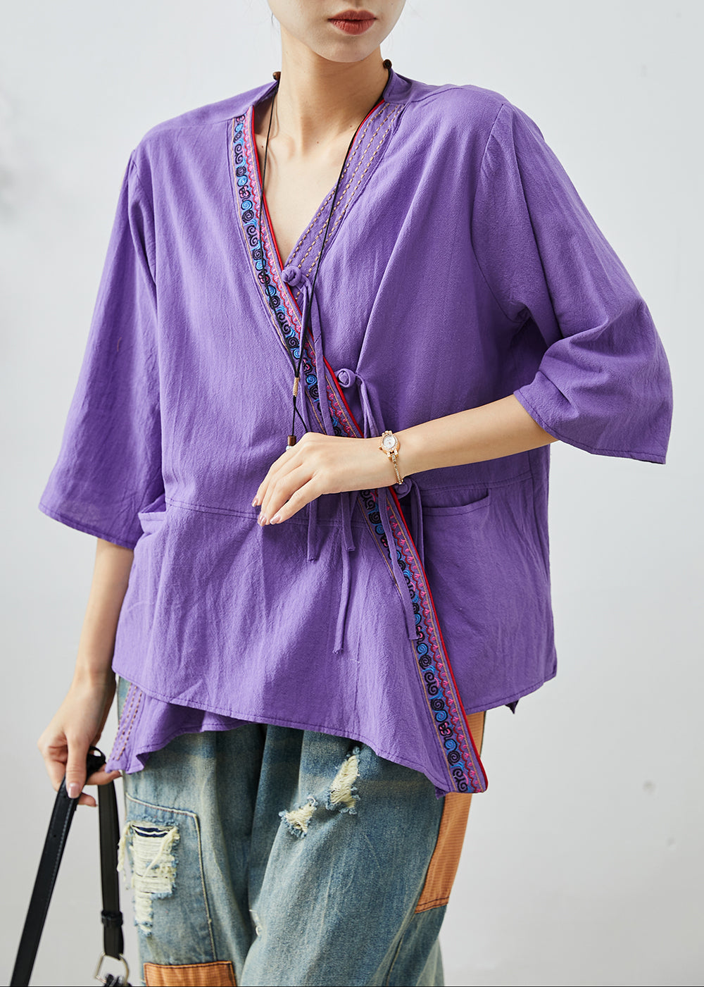 Purple Embroidered Patchwork Cotton Top Summer