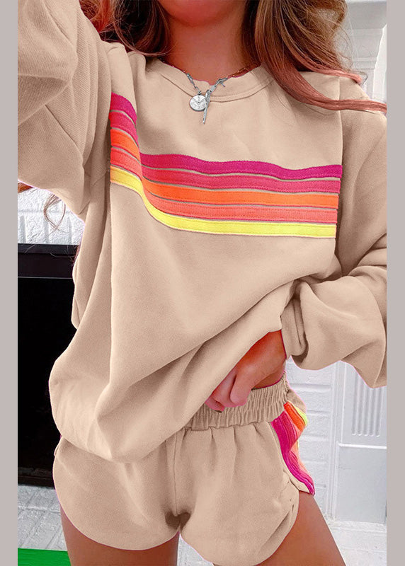Loose Pink Striped T Shirt and Shorts Cotton Two Pieces Set Spring