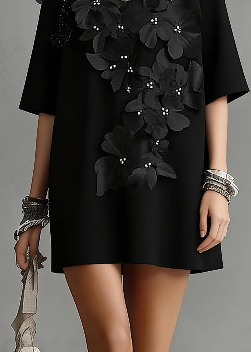 Handmade Black O-neck Zircon Top Short Sleeve