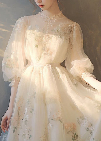 Art Beige Print Lace Up Tulle Maxi Dress Puff Sleeve