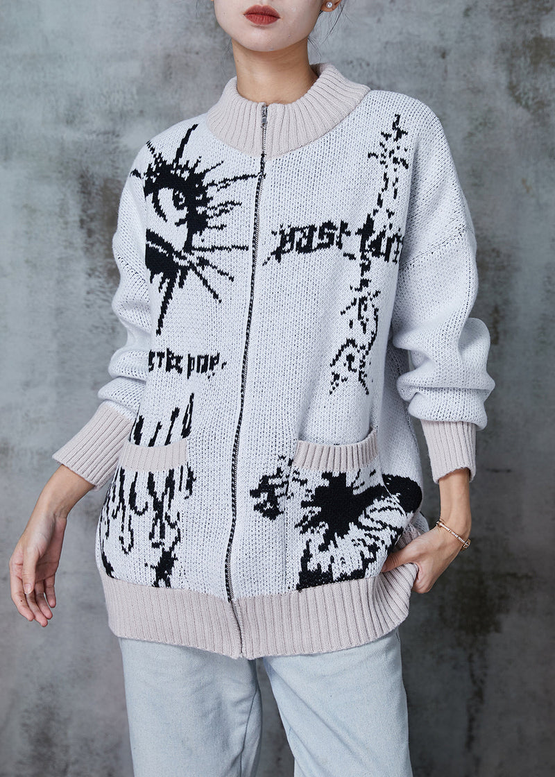 Grey Oversized Print Knit Cardigans Winter