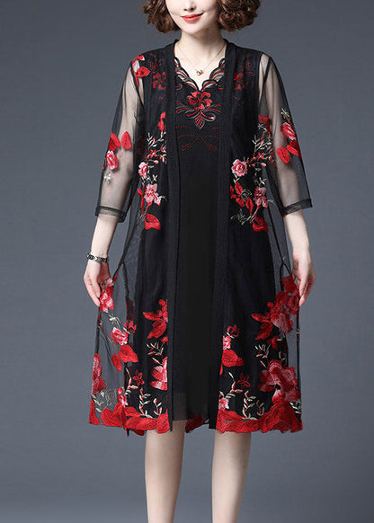 Red Embroideried Tulle Cardigans and Tank Dress Two Piece Set Summer